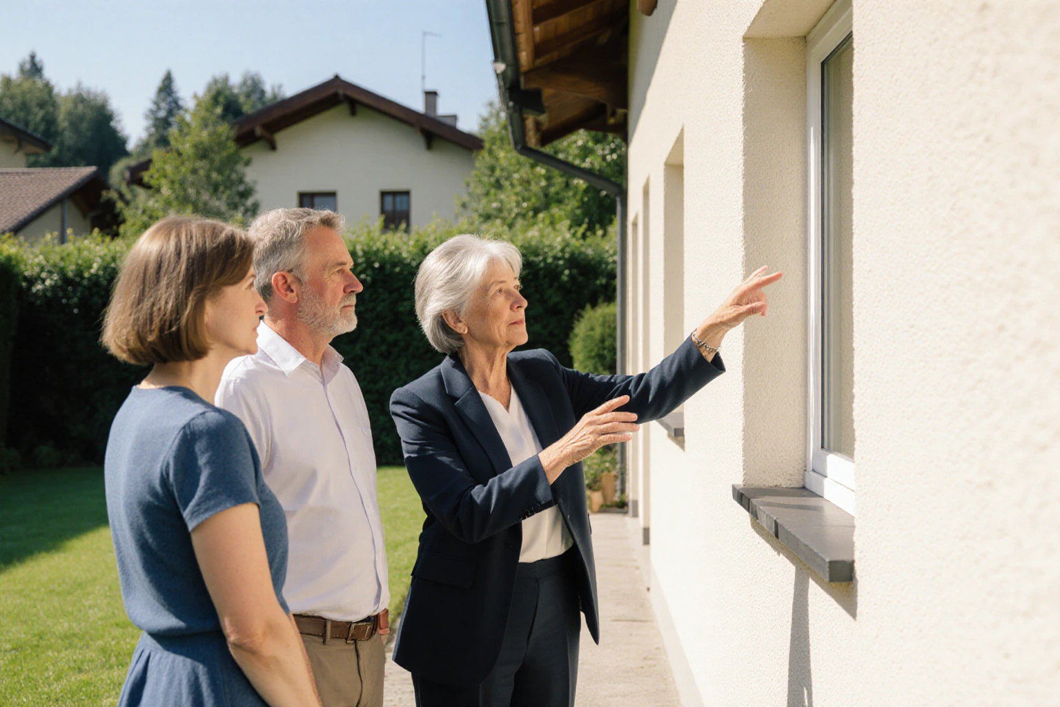 Berufserfahrene Frau erläutert einem Paar ein österreichisches Wohnhaus bei einer Besichtigung